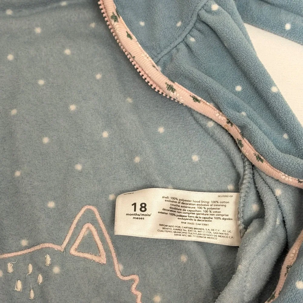 Carters Baby Girl 18M Blue Polka Dot Fleece Hooded Jumpsuit Romper Cat Back Zip